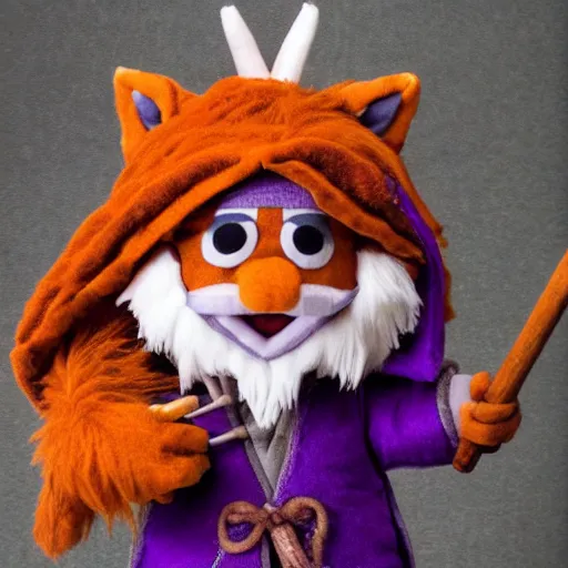 Image similar to dungeons and dragons foxfolk wizard druid as a chibi muppet plush wearing a wizard cloak and holding a staff with an amethyst at the top, photorealistic, photography, national geographic, sesame street