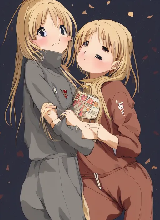 Image similar to highly detailed portrait of one blonde and one brown haired anime girl in onesies hugging each other looking at us, detailed eyes, happy, excited, digital art, cute, anime, detailed faces, well drawn faces, cute faces, hand drawn, 8 k, trending on artstation, official media, in the style of hayao miyazaki