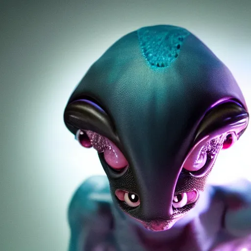 Prompt: an alien pet creature with weird features, looking inquisitively at the camera, studio lighting
