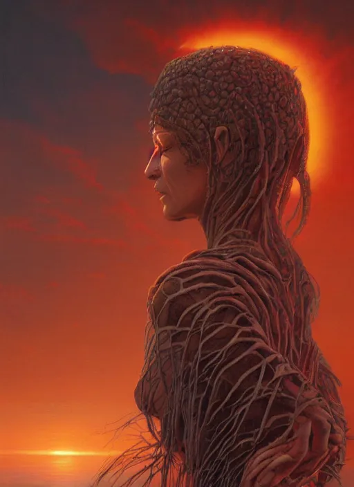 Image similar to biblical beautiful female digital druid, glowing veins, in clouds, sunset, portrait by wayne barlowe, by peter elson, muted colors, by frank frazetta, extreme detail, reflections, trending on artstation, 8 k