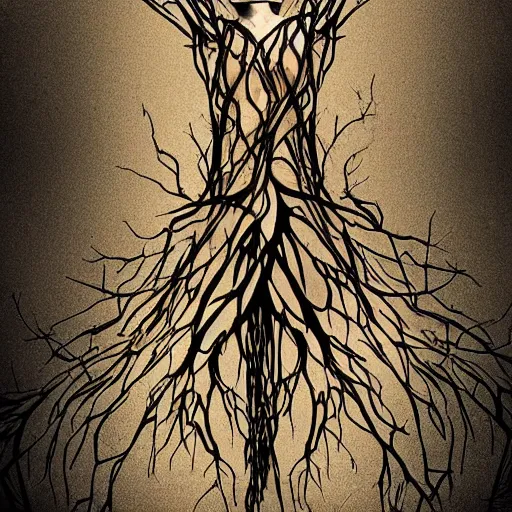 Image similar to digital art, Abstract art, humain female body made of roots, intricate roots, trending on artstation, -640