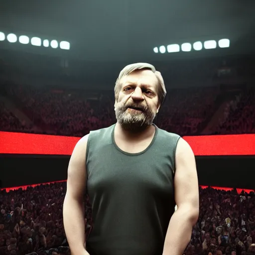 Image similar to Slavoj Zizek versus Jordan Petersonat wrestlemania, trending on artstation, cgsociety, octane render, unreal engine, bokeh