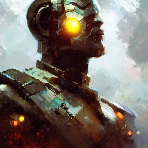 Prompt: heroic man ((((cyborg)))), sci fi portrait by craig mullins