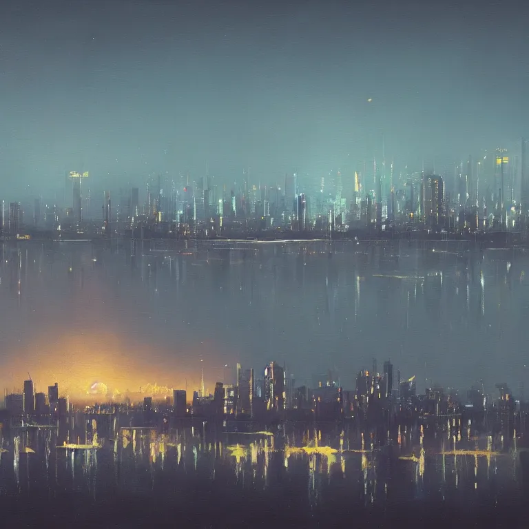 Image similar to a skyline by night in a painting from stalenhag, 4 k, 8 k, hdr, artstation, concept art