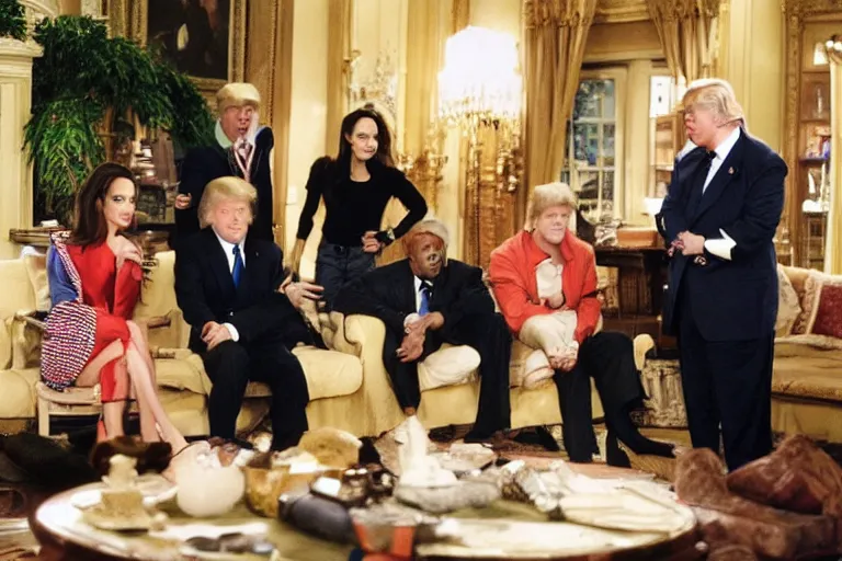 Prompt: Angelina Jolie, Boris Johnson, Mr T, Donald Trump, Wesley Snipes, best friends, on set of Friends TV show, still photo, hyperrealistic, 35mm, 8k, by weta digital