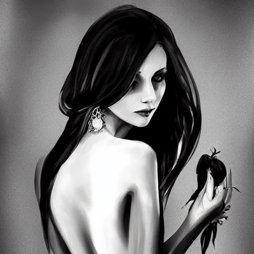 Prompt: black and white digital art painting portrait of elegant gothic lady with earrings, dark background, perfect lighting, high contrast, arstation, artgerm, wlop, 4 k