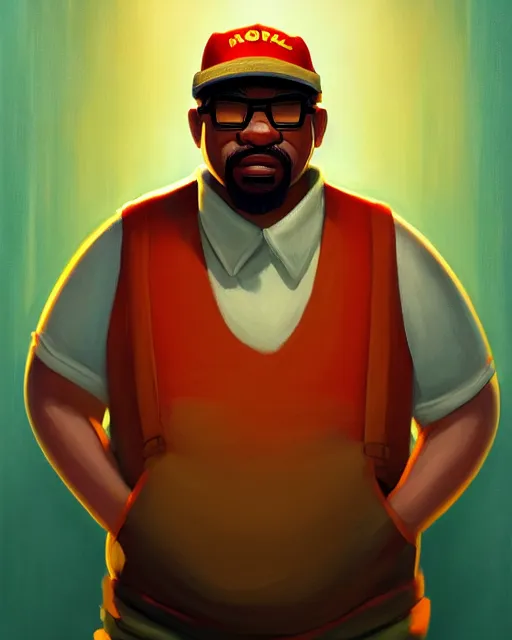 Prompt: painting portrait of big smoke, cartoon, warm lighting. movie poster, illustration by bartek fedyczak, erak note, tooth wu, neil richards, kan liu, siwoo kim, jisu choe, trending on art station