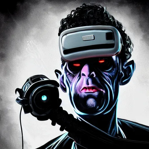 Prompt: frankenstein wearing a vr headset, dark synthwave style, trending on artstation