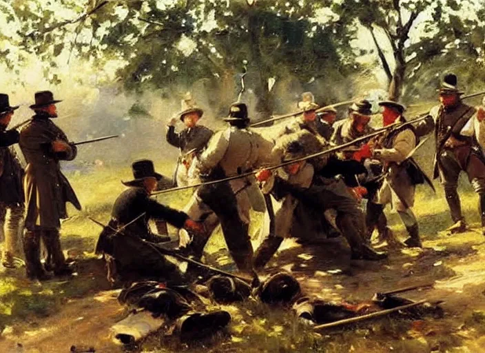 Prompt: anders zorn oil painting of instruction of american civil war battle scene, interpersonal, intimate