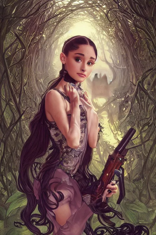 Image similar to demonic cottagecore Ariana Grande holding a shotgun, demonic Hair, magical forest, intricate, elegant, highly detailed, digital painting, artstation, concept art, smooth, sharp, focus, illustration, art by artgerm and greg rutkowski and alphonse mucha