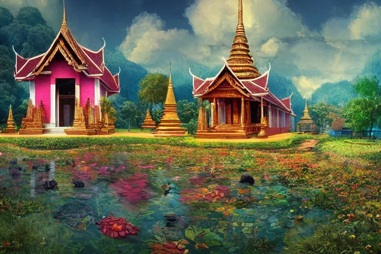 Image similar to summer morning, thai temple, rolling mountain, very coherent and colorful high contrast, art by gediminas pranckevicius, by wes anderson, dark shadows, hard lighting