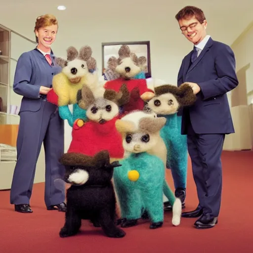 Prompt: a happy accounting firm staffed by different types of hyper-realistic felted toy mice, with a xerox machine, computers, kitchenette and conferenceroom, with a small black woolly terrier dog as the manager, colourful, playful, miniature