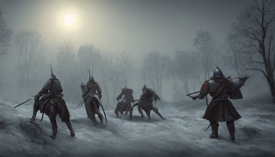 Image similar to four knights fighting in the old foggy village near a well, one knight in the foreground, three knight in the middleground, painted in the style of stepan alekseev chosac, winter, dark atmosphere, highly detailed, uplight, 8k, unreal engine, octane rendered, wow