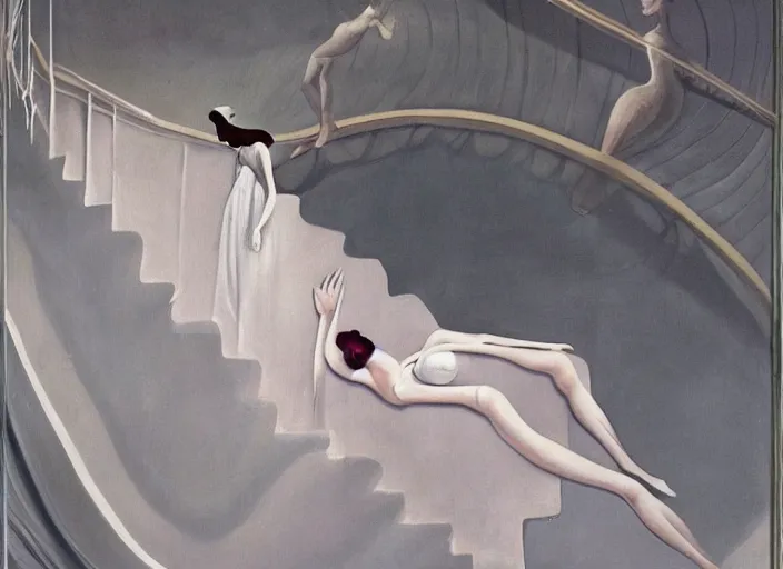 Prompt: a painting of a woman in a nightgown floating down the stairs like a dream, surreal, incongruous, by yves tanguy and dorothea tanning