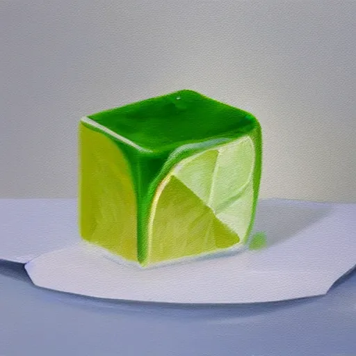 Image similar to oil painting of an ice cube in front of a slice of lime.