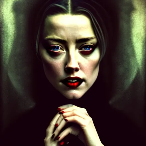 Image similar to hyperrealistic portrait of amber heard as a vampire witch in a black coat holding a human skull as a crystal ball. by jeremy mann and alphonse mucha, fantasy art, photo realistic, dynamic lighting, artstation, poster, volumetric lighting, very detailed faces, 4 k, award winning