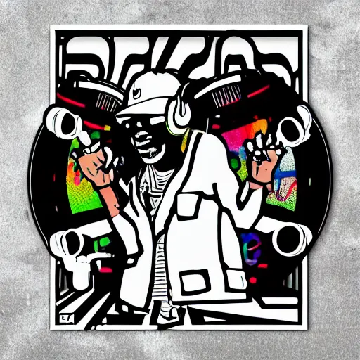 Image similar to svg sticker of a Dancing-Ben-Harper-Snoop-Spike-Lee-with-a-large-Afro-Puff, at a rave, spinning records, giant headphones rocking out, wearing headphones, huge speakers, dancing, rave, DJ, spinning records, digital art, amazing composition, rule-of-thirds, award-winning, trending on artstation, featured on deviantart