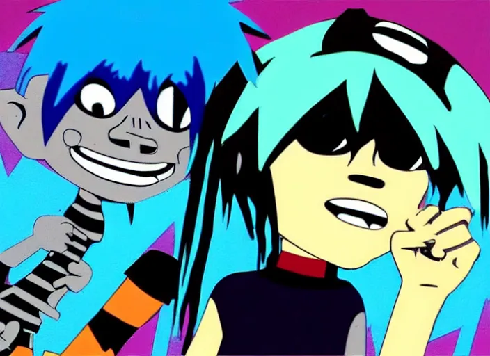 Image similar to 2 d from gorillaz playing a keyboard, blue hair, gorillaz style, jamie hewlett, animated music video screenshot