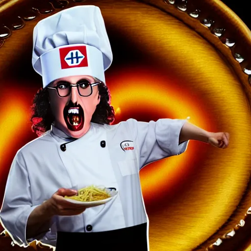 Image similar to a crazed weird al wearing a chef's hat and uniform with half of his lower body inside a bowl of alfredo, realistic, hyperrealistic, ultra realistic, real, real world, highly detailed, very detailed, extremely detailed, intricate details, 8 k resolution, hd quality