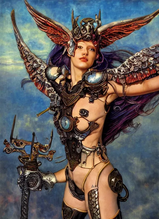 Prompt: biblical diabolical beautiful female valkyree android, pegasus, jump, rollerblades, heavy eyes to the side, closeup, bright glowing veins, in clouds, sunset, portrait, by gerald brom, by mikhail vrubel, by peter elson, muted colors, extreme detail, reflections, trending on artstation, 8 k