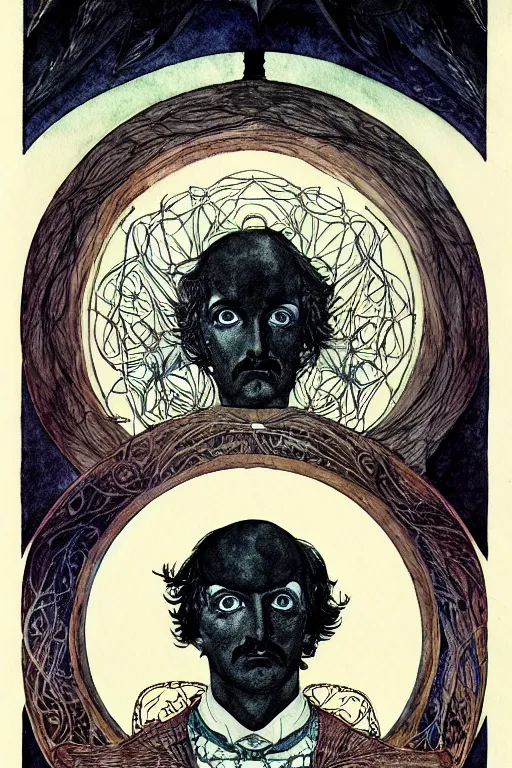 Prompt: realistic symmetrical portrait of edgar allen poe in the center of a black wing frame, detailed art by kay nielsen and walter crane, illustration style, watercolor