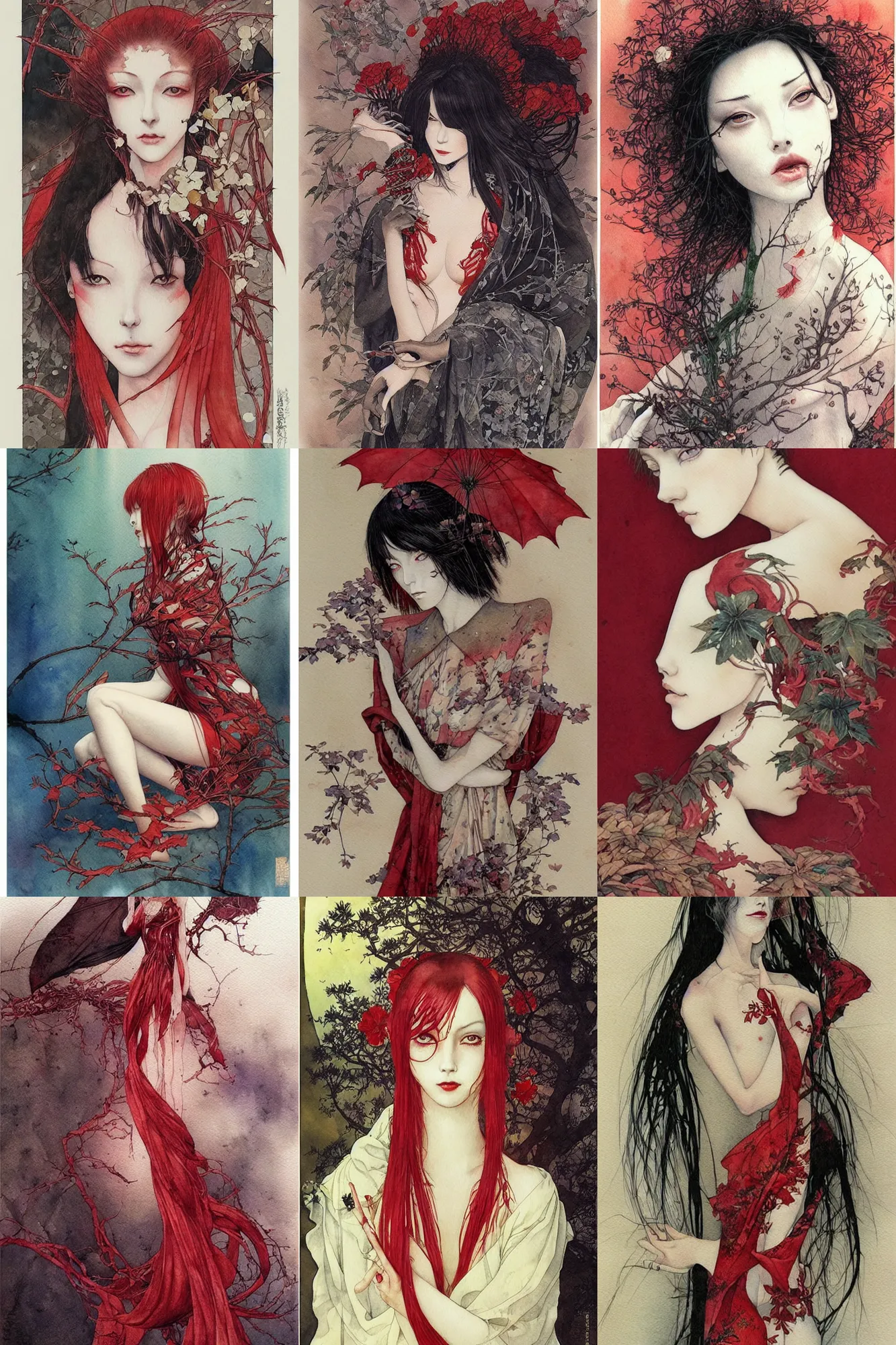 Prompt: watercolor painting of a beatiful woman by brain froud, dave dorman, takato yamamoto, red