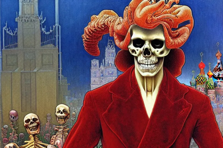 Image similar to realistic detailed closeup portrait painting of a single skeleton wearing red velvet blazer in a crowded futuristic moscow street by Jean Delville, Amano, Yves Tanguy, Alphonse Mucha, Ernst Haeckel, Edward Robert Hughes, Roger Dean, rich moody colours, blue eyes