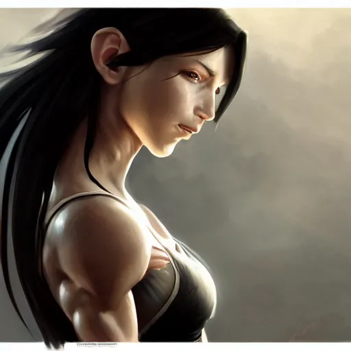 Prompt: portrait of tifa lockhart, muscular upper body, fantasy, intricate, elegant, highly detailed, digital painting, artstation, concept art, matte, sharp focus, illustration, art by aenaluck and roberto ferri and greg rutkowski, epic fantasy, digital painting