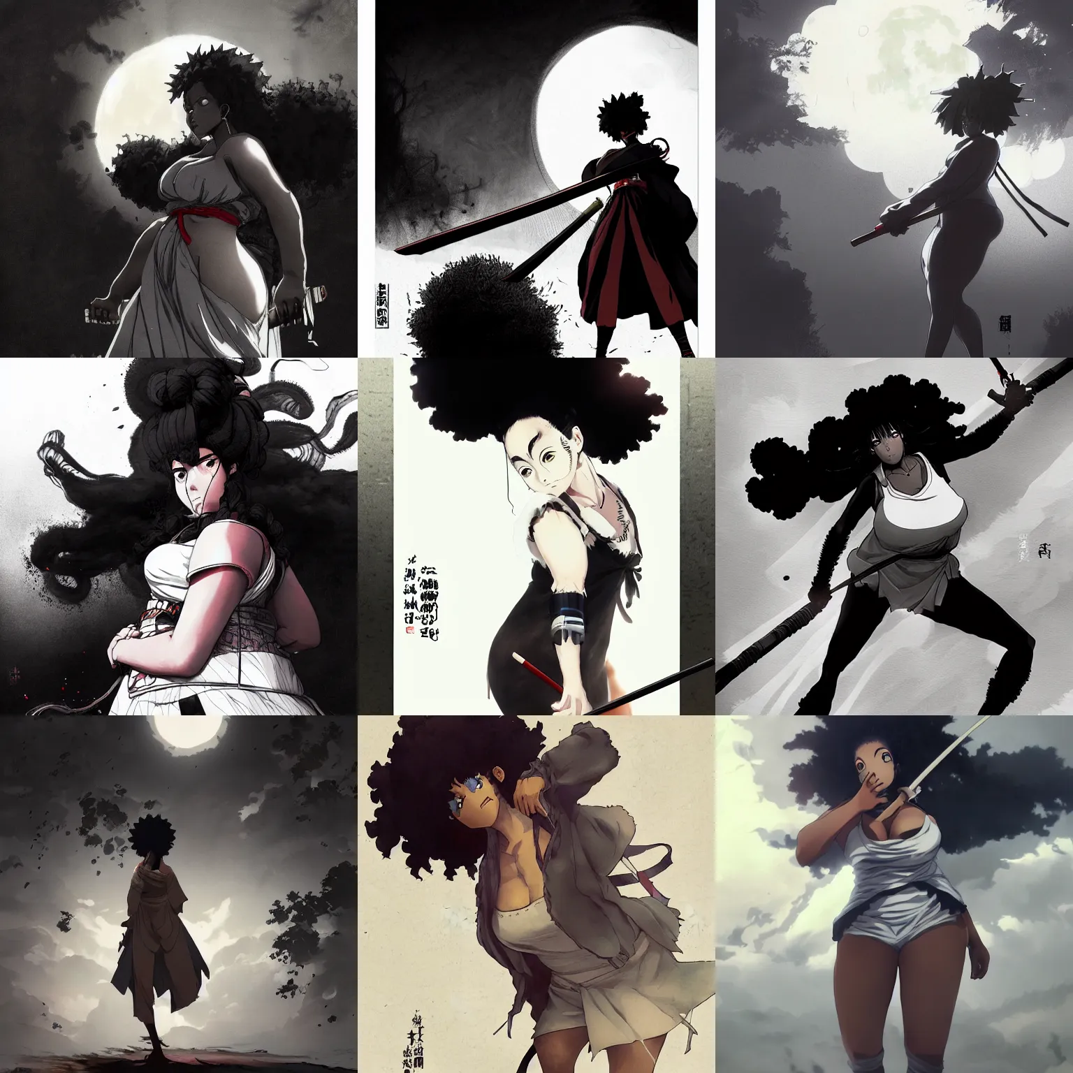 Prompt: , female plus size instagram model in afro samurai anime style, full body profile, dynamic wide angle lens, manga style, greg rutkowski, pencil and ink, full moon lighting, fully clothed