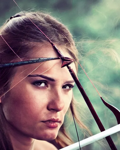 Image similar to photo of world, women with a bow and arrow, female archer, warrior, realistic face