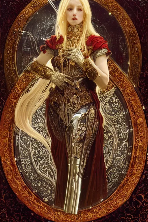 Image similar to beautiful luxury and elite and victorian and holy medieval female red and white silver mirror color armor knight portrait+smoky eyes+light flowing golden blonde hair, in ruin gothic cathedral, ultradetail face, art and illustration by tian zi and craig mullins and WLOP and alphonse mucha, fantasy, intricate complexity, human structure, fantasy world concept, watermark, blurry, hyperrealism 8k