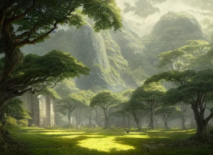 Image similar to Lush farmland outside a beautiful elven city made of white marble, anime, lush trees, a fantasy digital painting by Greg Rutkowski and James Gurney, trending on Artstation, highly detailed