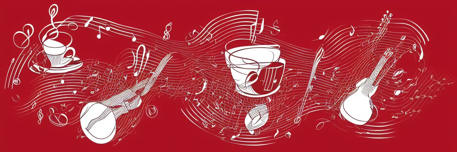 Image similar to coffee and musical instrument, line art, vector, logo, simple, red and white,