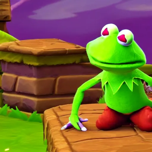 Image similar to screenshot of a kermit the frog as an npc in spyro the dragon video game, with playstation 1 graphics, activision blizzard, upscaled to high resolution