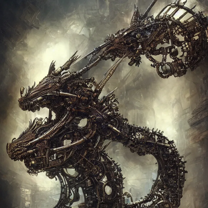 Prompt: hyper realistic mixed midea portrait of a beautiful mechanical steampunk dragon, stunning 3d render inspired art by P. Craig Russell and Barry Windsor-Smith + perfect facial symmetry + dim volumetric lighting, 8k octane beautifully detailed render, post-processing, extremely hyperdetailed, intricate futuristic mechanic parts, epic composition, grim yet sparkling atmosphere, cinematic lighting + masterpiece, trending on artstation,