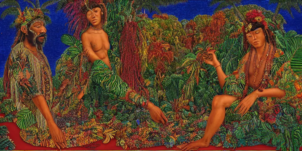 Image similar to very high resolution image. a beautiful tropical landscape, portrait of a spiritual ancestor. 2 4 mm, photorealistic, abstract, directed by mati klarwein