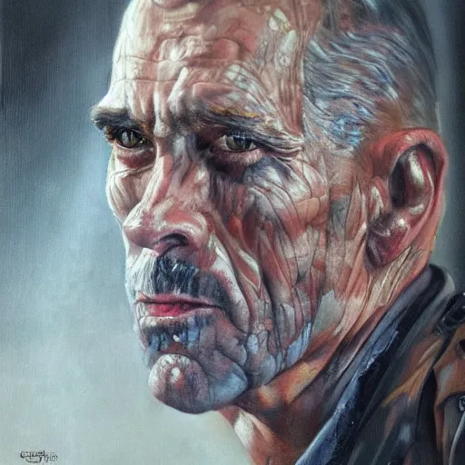Prompt: modern oil portrait of old wrinkled gunslinger jack, with scar, very very very very very beautiful art, masterpiece, realistic and detailed, artstation, artificial lightning