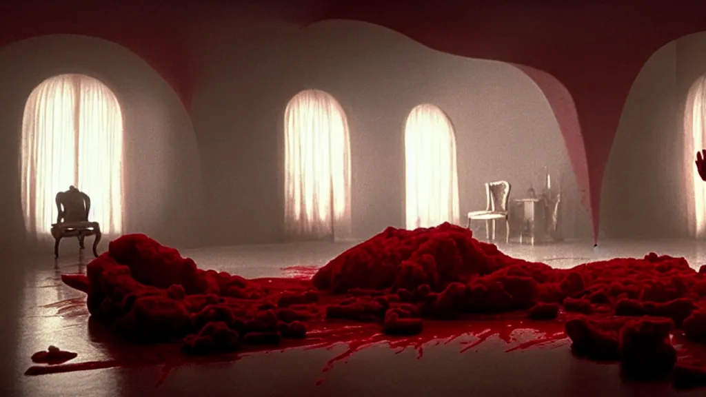 Image similar to a giant hand made of blood and ice floats through the living room, film still from the movie directed by Denis Villeneuve with art direction by Salvador Dalí, wide lens