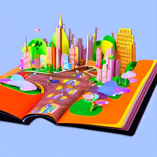 Image similar to A story book with pop up cities on its pages. 3D Render, colorful, magical.