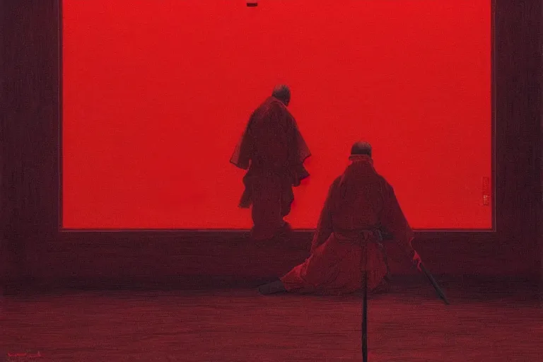 Image similar to only with red, a red samurai harakiri, tokio, a lot of frogs watch, in the style of beksinski, parts by edward hopper, parts by rodcenko, parts by yue minjun, intricate and epic composition, red by caravaggio, insanely quality, highly detailed, masterpiece, red light, artstation, 4 k