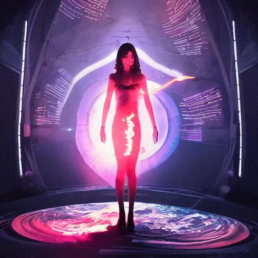 Image similar to a girl like yoona, in a glowing skirt, casting fire spell, background cyberpunk spaceship, full shot, photo, geometries, Fibonacci volumetric lighting, epic composition, intricate details, dark neon punk, by denis villeneuve and WLOP