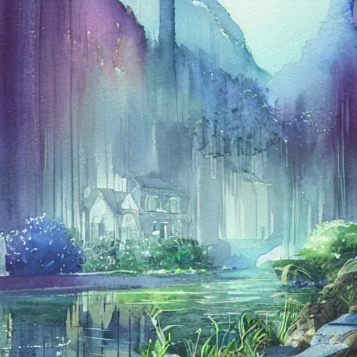 Image similar to Beautiful happy picturesque charming sci-fi town in harmony with nature. Beautiful light. Water and plants. Nice colour scheme, soft warm colour. Beautiful detailed artistic watercolor by Lurid. (2022)