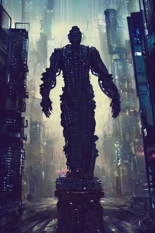 Prompt: digital masterpiece illustration concept art of giant statue in the middle of cyberpunk cityscape, extremely detailed and intricate complexity, epic composition, magical atmosphere, cinematic lighting, wide long shot, trending on artstation, 8 k