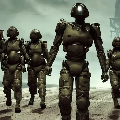 Image similar to military android leading a group of captured humans to a detention center, dystopian nightmares, grungy, photorealistic, highly detailed