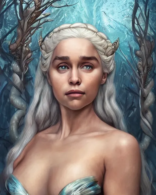 Prompt: Daenerys Targaryen as a mermeid with a piercing gaze wearing a shell bikini in an underwater magical forest, highly detailed face, realistic face, beautiful detailed eyes, fantasy art, in the style of artgerm, illustration, epic, fantasy, intricate, hyper detailed, artstation, concept art, smooth, sharp focus, ray tracing, vibrant, photorealistic