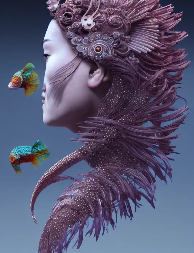 Image similar to 3 d venus goddess close - up profile portrait biomechanics. beautiful intricately detailed japanese crow kitsune mask and clasical japanese kimono. betta fish, jellyfish phoenix, bio luminescent, plasma, ice, water, wind, creature, artwork by tooth wu and wlop and beeple and greg rutkowski