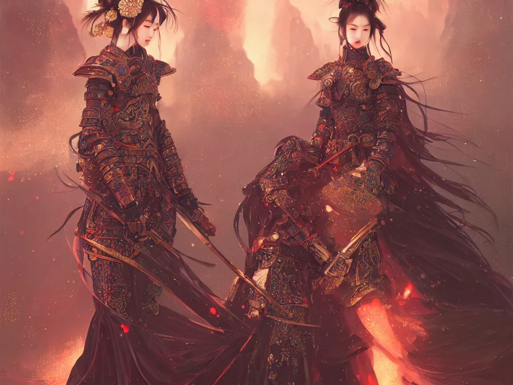 Image similar to jisoo blackpink samurai girl, armored samurai clothes, in japanese temple fire stormy sparkles night, ssci - fi and fantasy, intricate and very very beautiful and elegant, highly detailed, digital painting, artstation, concept art, smooth and sharp focus, illustration, art by tian zi and wlop and alphonse mucha