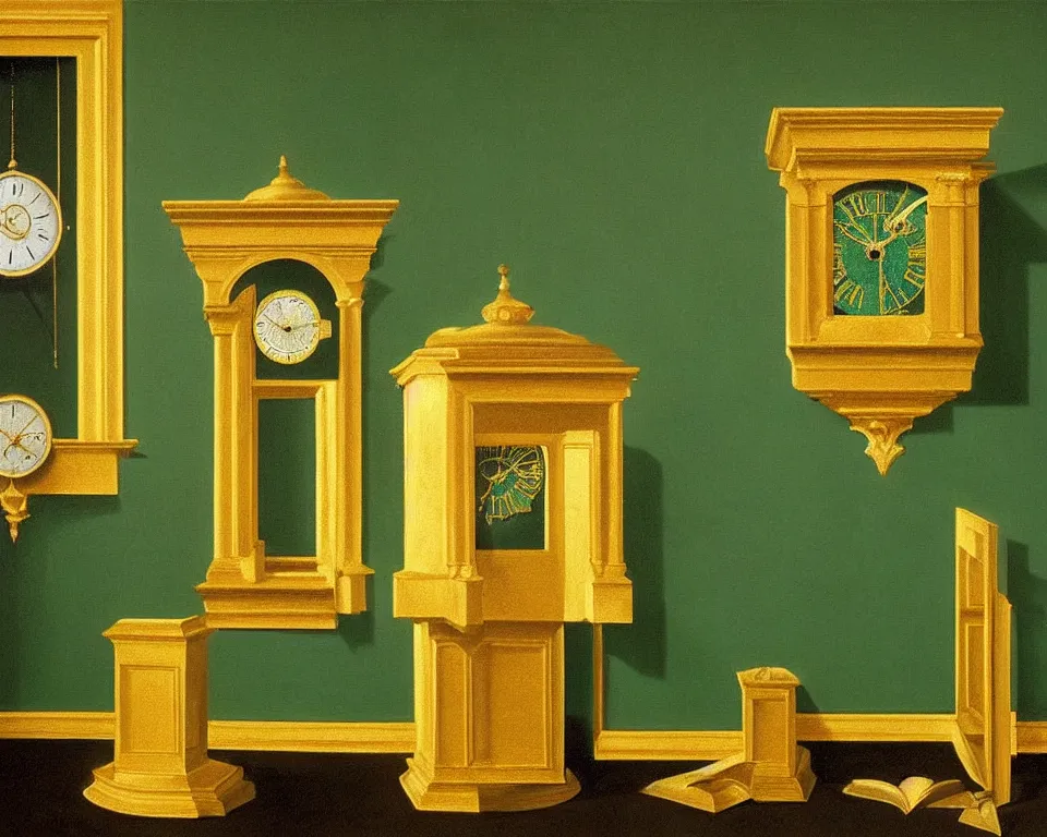 Image similar to an achingly beautiful print of gold clocks and fractured frescos on a dark green wall by Raphael, Hopper, and Rene Magritte. detailed, romantic, enchanting, trending on artstation.