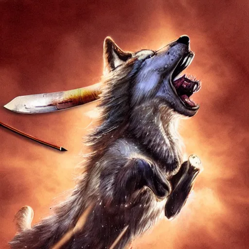 Image similar to wolf biting a sword while running, matte fantasy painting