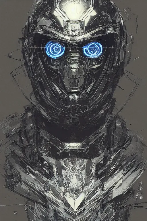 Prompt: portrait of futuristic cybernetic man with cool helmet and mask, pen and ink, intricate line drawings, by craig mullins, ruan jia, kentaro miura, greg rutkowski